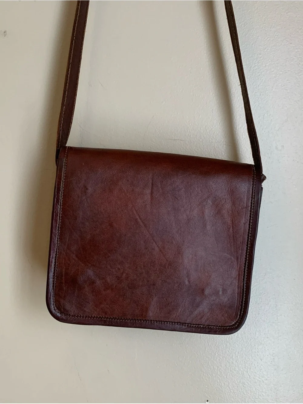 Vtg Waxed Leather Messenger Bag Crossbody Green Canvas Interior Brass Hardware